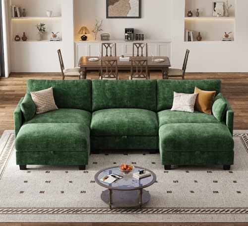 Image of Modular Sectional Sofa, 101 inch U Shaped Couch with Storage | High Resilience Foam, 22 inch Seat Depth, Movable Ottoman, Comfy Chenille, Easy Assembly, Green