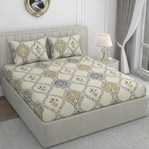 Image of 380 TC Premium Glace Cotton Elastic Fitted Bedsheet King Size with 2 Pillow Covers King Size | Double Bed with All Around Elastic (Boss, Fitted - Double72x72)