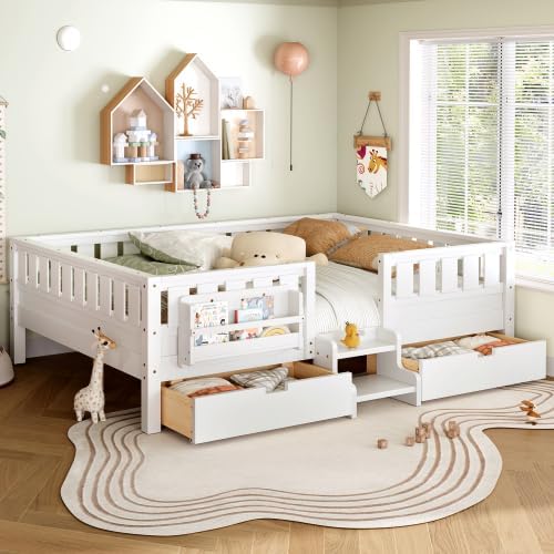 Bellemave Queen Size Montessori Bed with 2 Drawers & Bookshelf, Kids Floor Beds with Safety Rails & Stairs, Queen Platform Bed Frame for Kids Girls Boys (White)