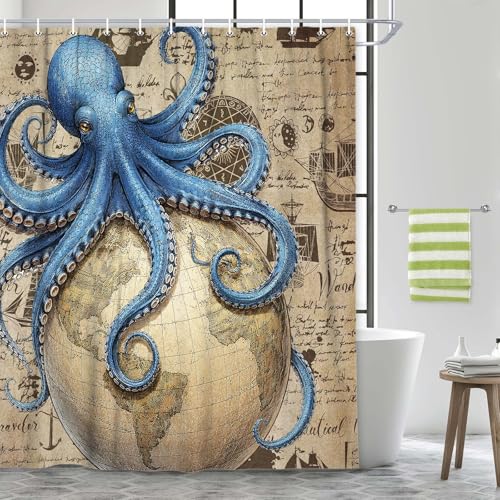 Image of Vintage Nautical Octopus Shower Curtain, Navy Blue Funny Ocean Shower Curtains for Bathroom, Sailing Boat Anchor Coastal Map Bath Curtain Waterproof Fabric with 12 Hooks 72x84 Inch