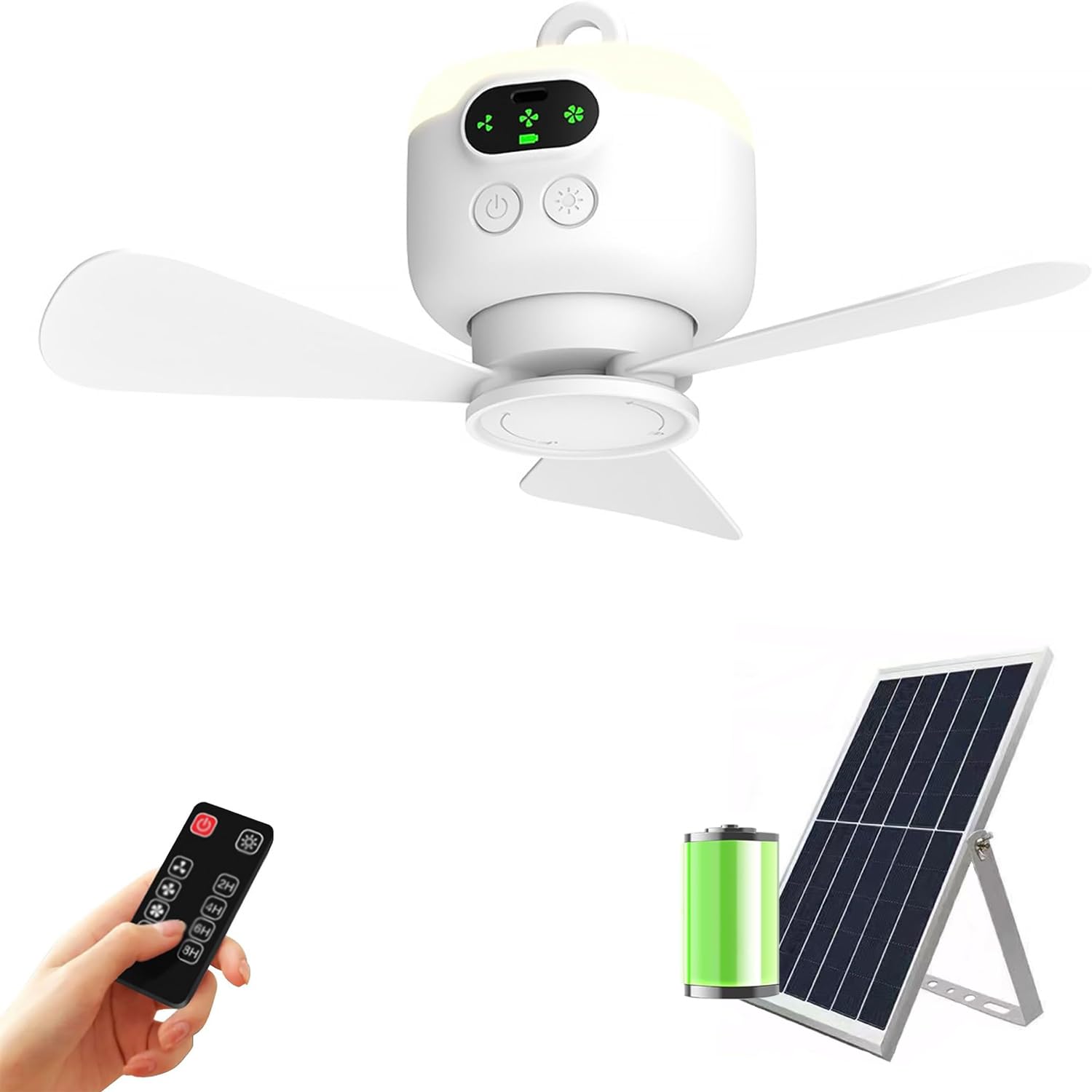 Ventilatore a Batteria con Luce a Soffitto, Ventilatore a Soffitto Solare con Illuminazione, Ventilatore da Esterno con Luce a Soffitto, Gancio per Appendere, LED, Ventilatore con Luce Regolabile e