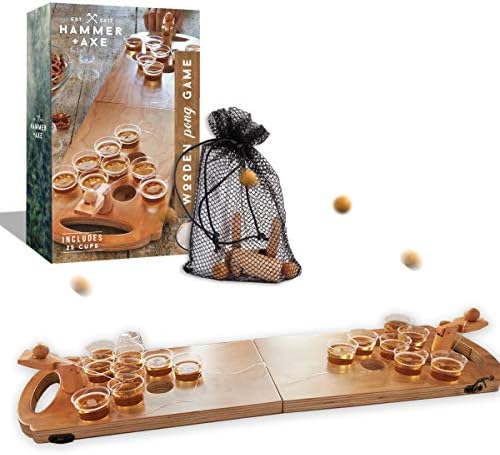Hammer + Axe Mini Beer Pong Drinking Game, Catapult Portable Wooden Foldable Tabletop Game, Includes 25 Cups, 2 Balls, Carrying Bag, Tailgate College Party Game