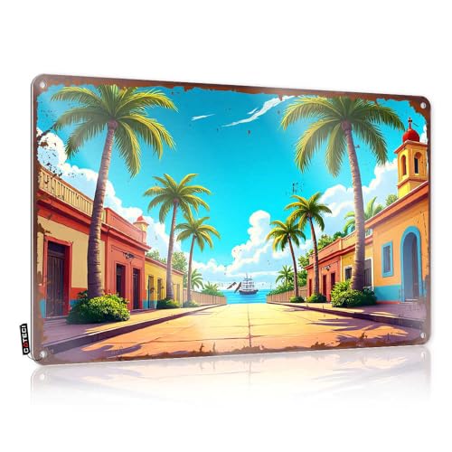 LOP Letrero de estaño divertido para decoración de bar con palmeras de calle que conduce al mar (20 x 30 cm)