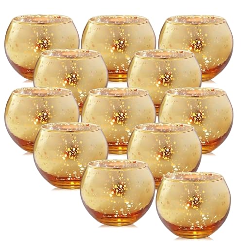 12 Pack Bowl Candleholders Gold Votive Candle Holders, Speckled Gold Glass Candle Holders, Tea Lights Candle Holders for Table Centerpiece, Christmas,Home, Wedding, Party Decoration