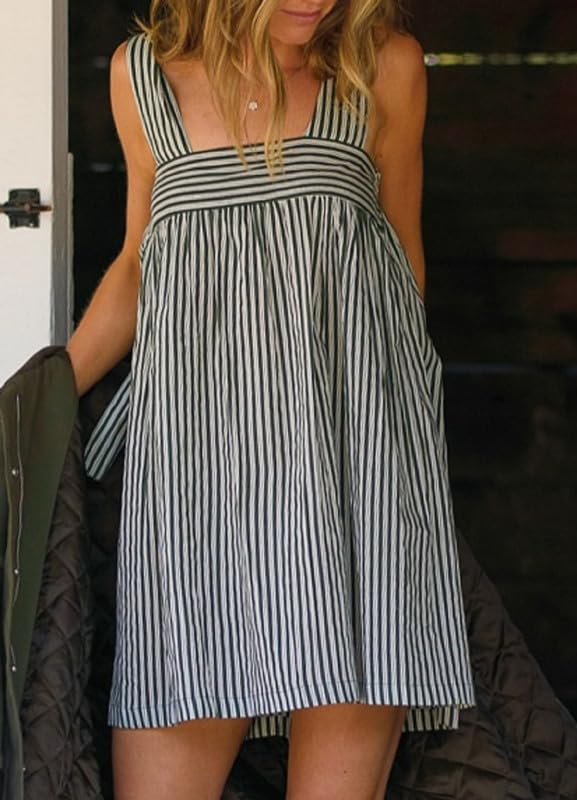 Image of Women Floral Tie Shoulder Mini Dress Cute Square Neck Loose Fit Beach Short Dress Backless Boho Vocation Sundress