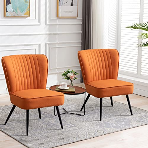 Alunaune Orange Accent Chair Set of 2 Upholstered Living Room Chairs Modern Bedroom Furniture Sets Armless Slipper Club Chair Guest Reception Couch Comfy Wingback Single Sofa - Image 2
