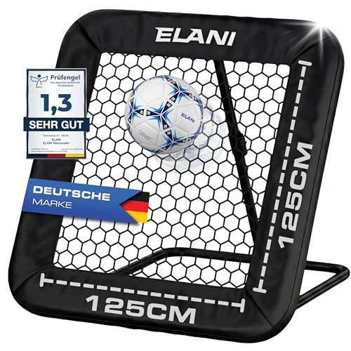 ELANI - Rebounder für Fußball 125x125cm mit Schutzrand & 6 Heringen für sicheren Stand - Fussball Rebounder mit stabilem Rahmen - Tornetz - auch für Handball & Volleyball - Fußball Training
