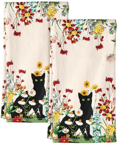 Image of Miss Adola 150GSM Flour Sack Kitchen Towels Set of 2, Flower Cats | 18 inchx26 inch, Lightweight, Lint-Free, Pure Cotton, Decorative, with Hanging Loop, Absorbent, Softer after Wash, Giftable Package