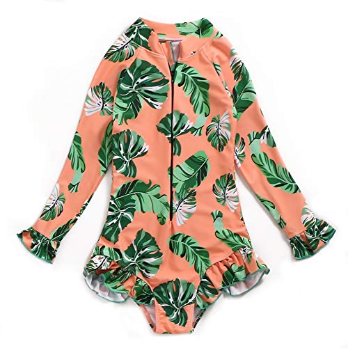 Everrysea Girls Rashguard Bathing Suit Long Sleeve One Piece Swimsuit Zipper Kids Beach Swimwear Upf50 Orange Flower #TOP14