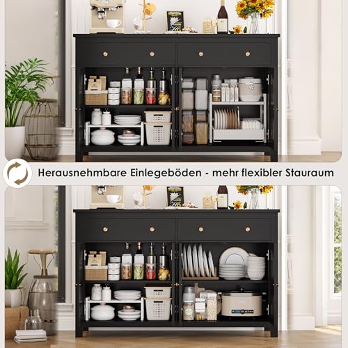 Miniatura 9 de Firfurd 140cm Aparador Cocina, Mueble Auxiliar De Cocina, Aparadores Para Salón, Mueble Entrada Recibidor, Comedor, Con 2 Cajones, 4 Puertas, Estantes Ajustables Negro