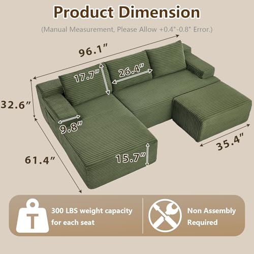 Image of 96 inch U-Shape Cloud Couch, Modern Modular Sectional L-Shape Sofa with Ottoman, Corduroy Upholstered Couches Deep Seat Sleeper Chaise Longue for Living Room, No Assembly Required(Green, Left Facing)