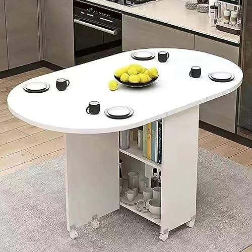 Mesa de comedor plegable con ruedas, mesa de hojas colgantes que ahorra espacio y estante de almacenamiento de 2 capas para cocina y sala de estar