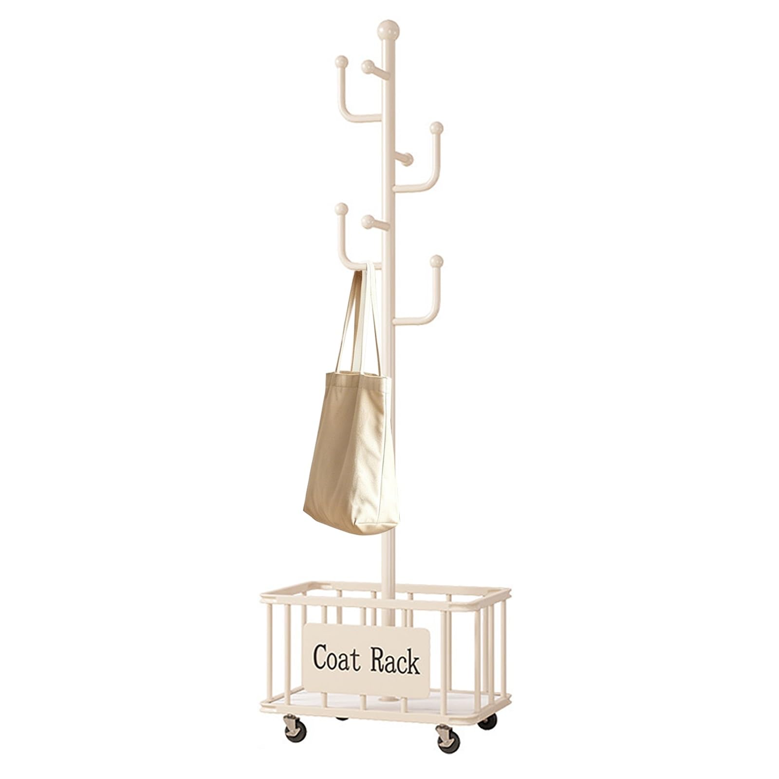 Fahrbare Garderobe Mit Rollen & Aufbewahrungskorb,Metall Kleiderständer Mit 8 Haken,Freistehender Kleiderhalter Für Flur,Schlafzimmer,Büro(White)