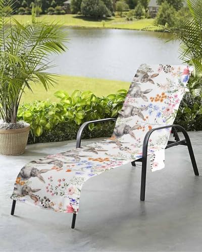 Easter Bunny Beach Chair Towel Covers for Chaise Lounge with Side Pocket, Soft Plush Pool Towels Cover for Patio Sunbathing Outdoor 29''x85'' Watercolor Floral Leaves Herb Simple White