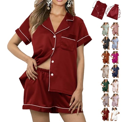 Image of WJing Yi Jia Womens 3Pcs Floral Pajamas Sets Silk Satin Sleepwear XS~4XL Button Down Short Sleeve Shirt Pjs Loungewear