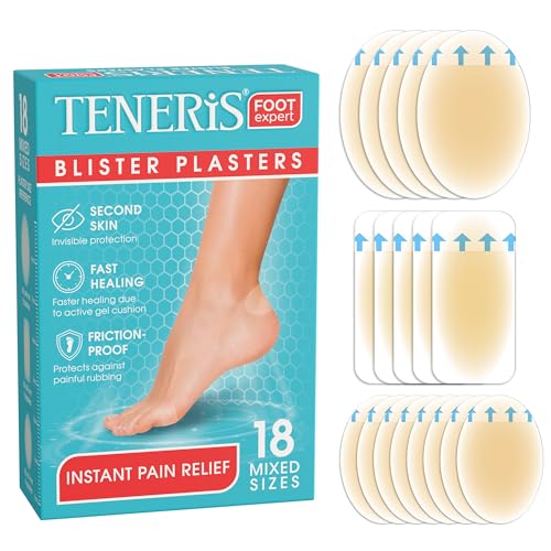 Teneris 18 Hydrocolloid Blister Plasters Instant Pain Relief Waterproof & Invisible Fast Healing Friction-Proof Thin & Flexible Blister Pads for Feet Heels & Toes 3 Mixed Sizes (18 Pack)