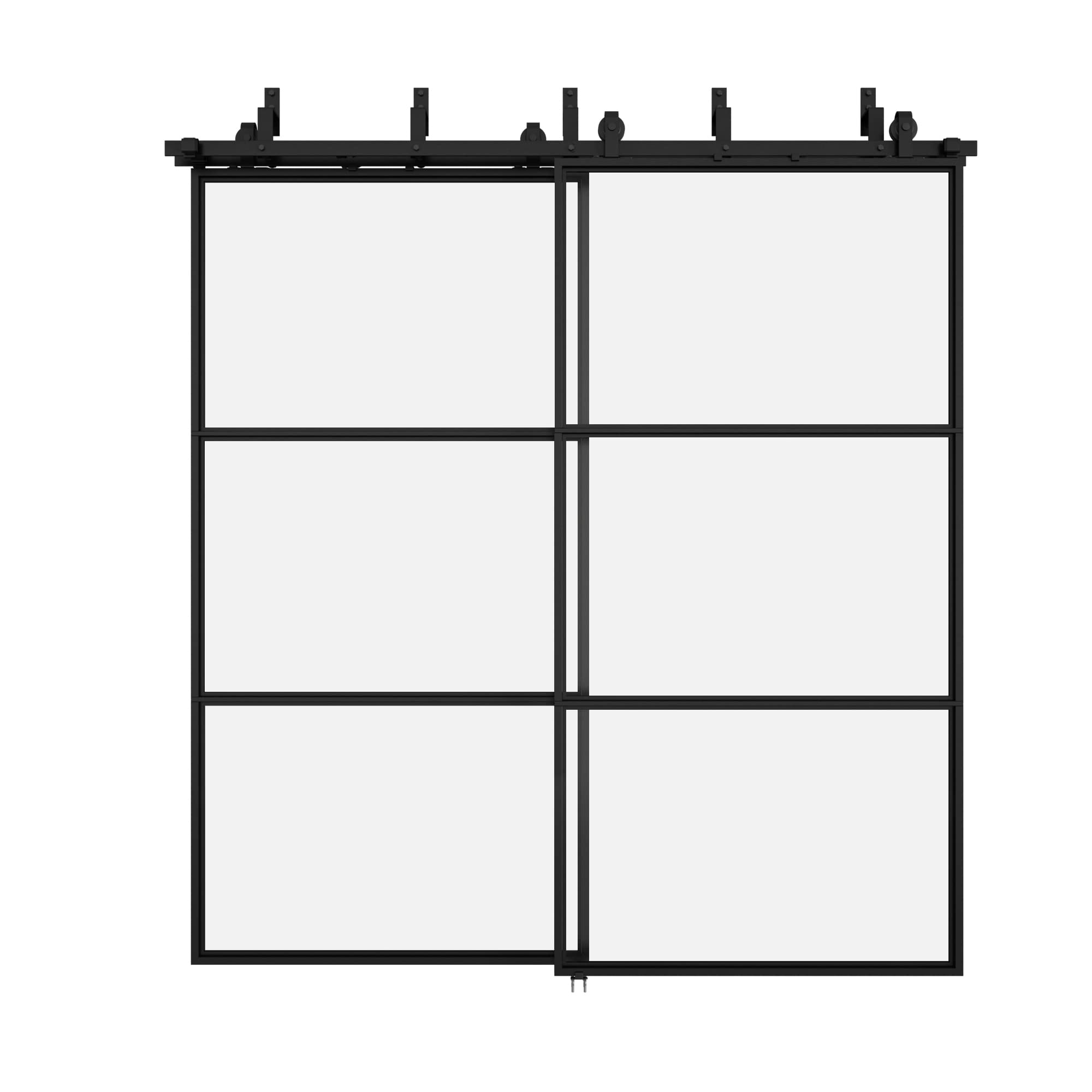 JUBEST Bypass Glass Barn Door TKM02 installed in a modern room