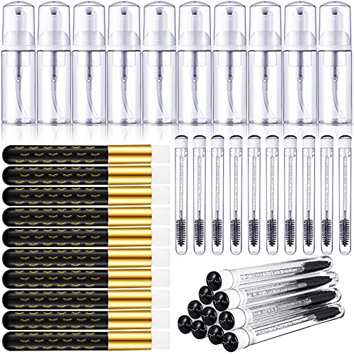 30 Pcs Lash Shampoo Brushes Soap Bottle Set, 10 Eyelash Extensions Mascara Brushes 10 Peel Off Blackhead Nose Cleaning Brush 10 Plastic Foam Reusable Bottle for Women Girl(Black,Simple)