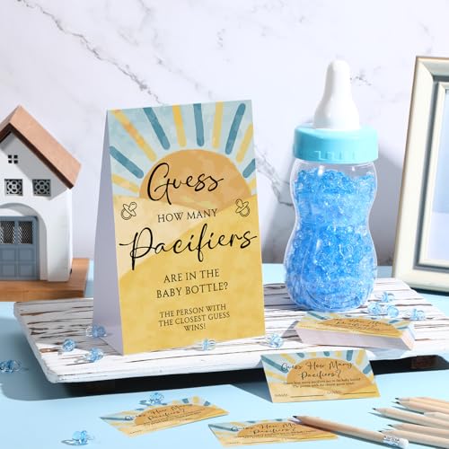 Image of Roowest 512 Pcs Baby Shower Games Guess How Many Pacifiers Sign 100 Small Guessing Games 10 HB Pencils 750ml Milk Bottle 400 Acrylic Pacifiers Decoration for Guest Gender Reveal(Blue,the Son)
