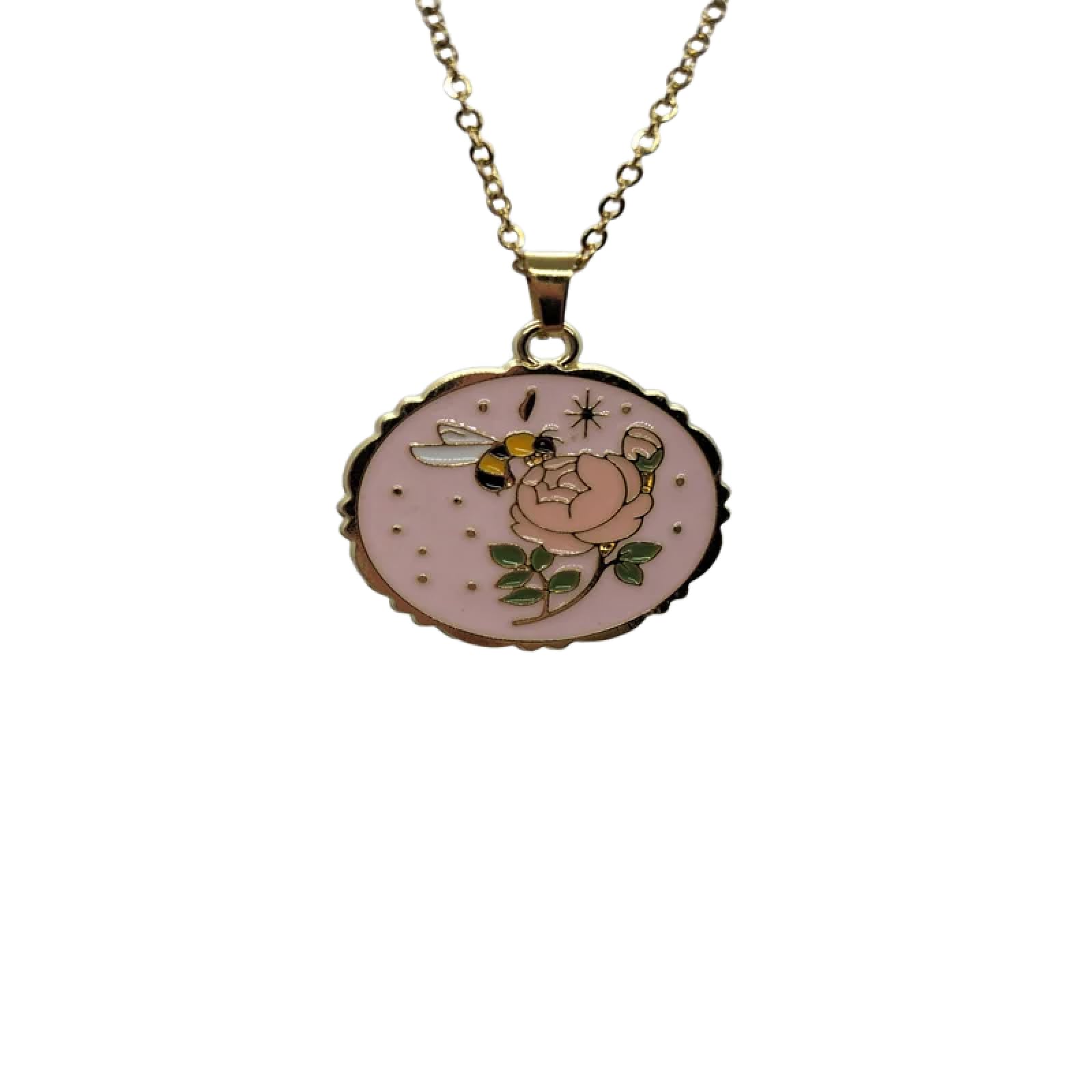 Collier chaîne acier avec pendentif disque fleur émail abeille - 6