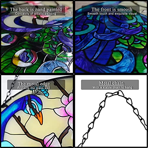 Vewogarden 12" Garden Peacock Handmade Painted Stained Glass Wall Window Decorative Hangings Suncatcher Panel With Chain #TOP1