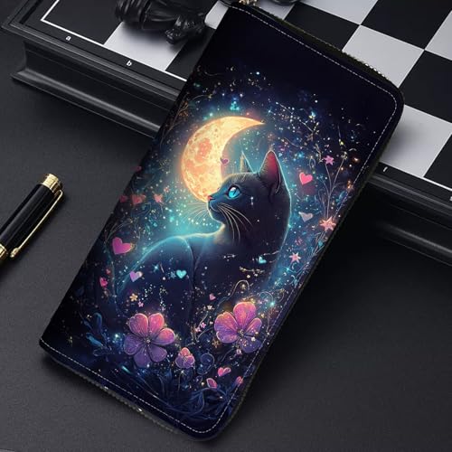 Image of RFID Blocking Leather Wallet for Women - Large Capacity Zip Around Clutch with 8 Card Slots,36 Cash Pockets & Coin Zipper,Cute Cat Flower Moon