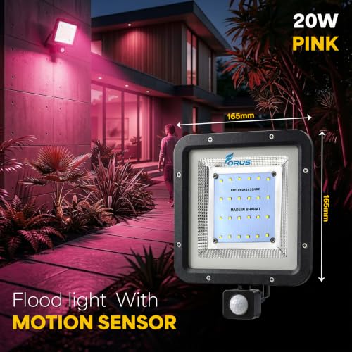 Image of Forus 20W LED Flood Light Pink with Motion Sensor Auto On Off Day Night Mode Waterproof Outdoor Security Light for Garden Parking Garage Factory Warehouse Shop High Bright Floodlight 4Yr Warranty-1Pc