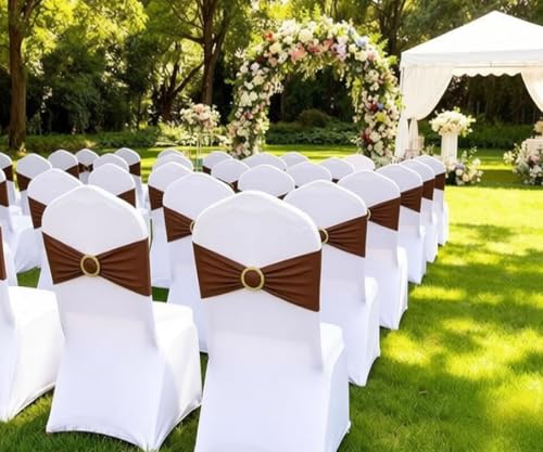 Image of Brown Chair Sashes 50 Pack with Gold Buckle Slider, Spandex Chairs Bands Bows for Wedding Party Birthday Banquet Decor