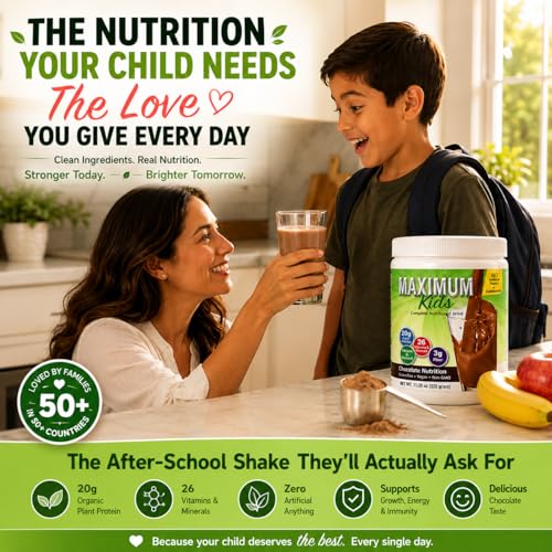 Image of Maximum Kids Complete Organic Powder Mix. Great Tasting, Easy to use, Complete Nutritional Drink with 26 Vitamins and Minerals, 20g of Plant Protein, 3g of Fiber. Kid Tested. Parents Approved.