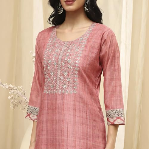 Image of BIBA Women Beige Cotton Machine Embroidered Unstitched Suit Set
