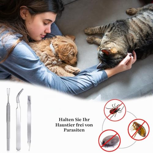 EasyULT Edelstahl Zeckenentferner Set[3 Stück], Zeckenzange Zeckenpinzette Zeckenhaken, Zeckenentfernung fur für Mensch, Hunde, Katzen(mit Aufbewahrungstasche)