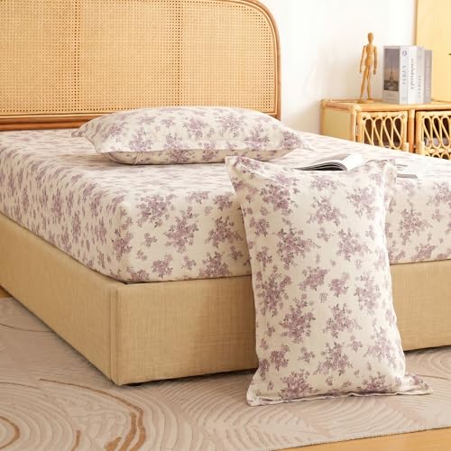 Image of Story@Home King Size Air Cotton Bedsheet 240 TC Fitted Sheet with 2 Pillow Covers, Soft & Durable Bed Sheet for King Bed (182 x 198 cm, Floral Print, Light Purple & White)