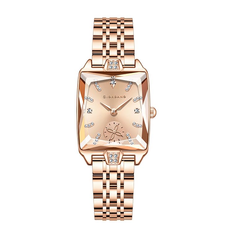 Image of Giordano Analog Watch for Women - Rectangular Dial, Crystal Hour Markers and Rose Gold Stainless Steel Strap