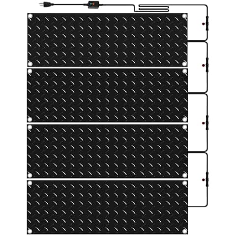 Riakrum 4 Pcs 10 x 30 Inch Heated Snow Ice Melting Mats Outdoor Winter Heated Rubber Mat Slip Proof for Stairs Steps Driveway Walkway Decks Sidewalks Connection with 9.84 ft Power Cord Cover