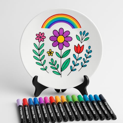 Tocyfia Juego de pintura de cerámica, lápices de porcelana aptos para lavavajillas, contiene placas, 12 lápices de colores de cerámica y 1 estante, que son muy adecuados para pintar la creación y el