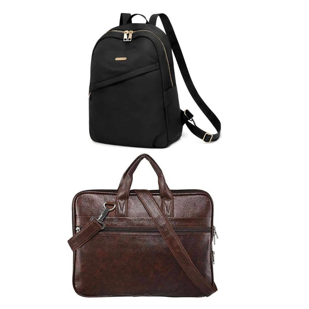 Combo of 2 Bags – Black Backpack for Women & Brown Laptop Bag for Men & Women | Waterproof Faux Leather Office, College & Travel Bag Set | Spacious Multi-Compartment Design-image-36
