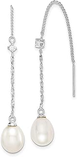 Brincos de prata esterlina 925 branco 8 mm pérola cultivada em água doce zircônia cúbica CZ borla fio de borla brincos gota pingente concha de pedra natural joias finas para mulheres presentes para ela, Pérola, Zircônia cúbica Pérola