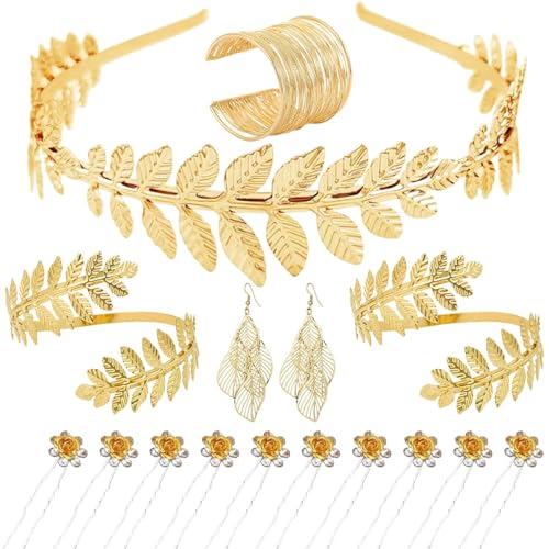 Bulrash 16 Pieces Greek Goddess Costume Accessories Set Gold Leaf Pearl Headband Armlet Earrings Laurel Leaves Headpiece Hair Crown for Women Bridal Accessory(Leaf Style)