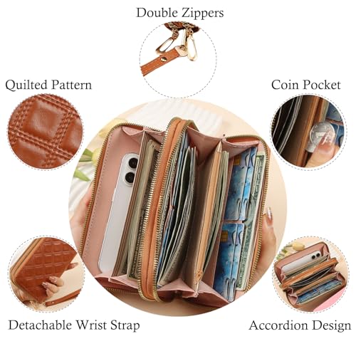 Womens Wallet Wristlet RFID Blocking Large Capacity Zip Around Clutch Purse Quilted Leather Double Zipper Card Holder4
