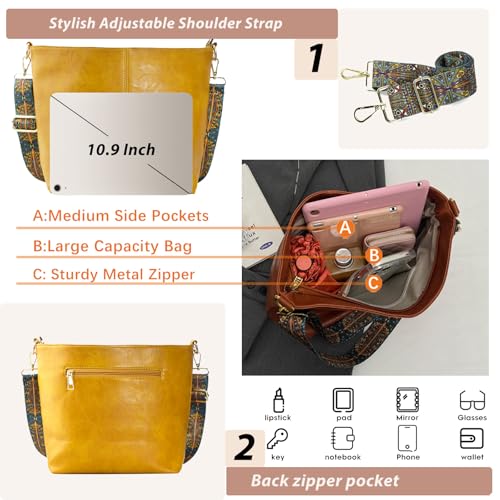Image of Hobo Bags Vegan Leather Crossbody Bag Guitar Strap Shoulder Purses with Zipper Handbags for Women