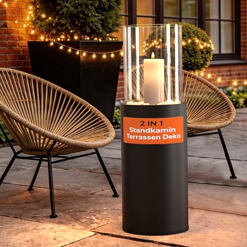 2 IN 1 Standkamin 81CM Windlicht säule Großer Windlichter Glas Kerzenständer Rund Feuersäule Outdoor Tischfeuer Indoor mit Dekosteinen und Regenschutz für Garten Balkon Wohnzimmer