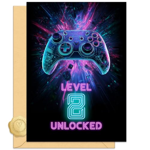 MAICHAODUO 8th Birthday Greeting Card for Boy, Neon Video Game Themed Birthday Cards, with Envelope Sticker