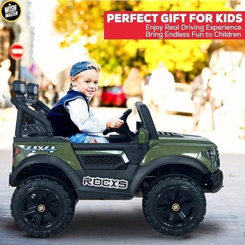 Image of Wishmaster 4x4 Driving EV Cars for 1-8 Year Electric Ride on Jeep for Kids | Remote + Steering + Mobile App Control | Jeeps car for Boys & Girls