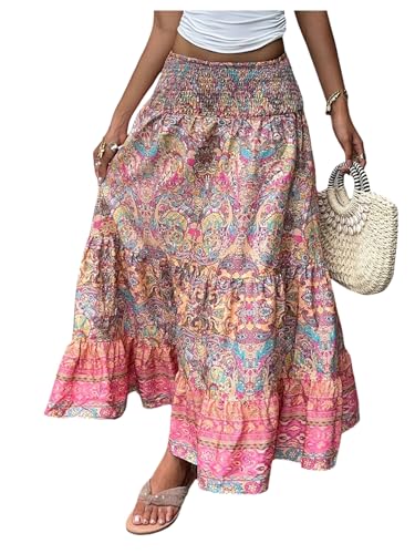 GORGLITTER Women's Boho Flowy Maxi Skirt Tiered Ruffle High Waist Paisley A Line Long Skirts Country Concert Outfits