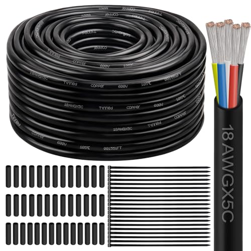 Image of 18 Gauge 5 Conductor Electrical Wire, 18 AWG Tinned Copper Stranded PVC Cable, Waterproof /Flexible /Low Voltage Extension Cord for Automotive, Marine, Solar, LED Lighting (100FT)