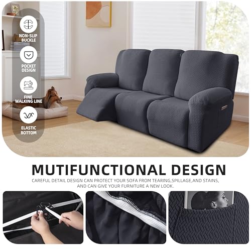 Image of Genina Recliner Sofa Covers - Stretch Reclining Couch Covers with Stripe Jacquard - 3 Seat Cushion Slipcovers with Soft Fabric - Furniture Protector for Pet Kid (Dark Gray)