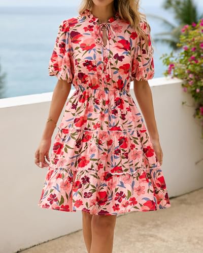 Image of BTFBM Women Summer Floral Short Dresses V Neck Short Sleeve Tiered Ruffle Boho Swing Dress A-Line Mini Dresses