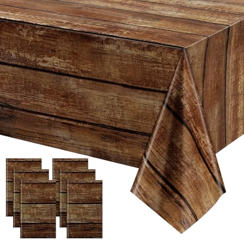 Image of Irenare 6 Pcs Brown Wood Grain Tablecloths Rustic Plastic Table Covers for Rectangle Table, Vintage Farmhouse Tablecloth Decorations for Western Barn Birthday Wedding (54 x 108 Inches)