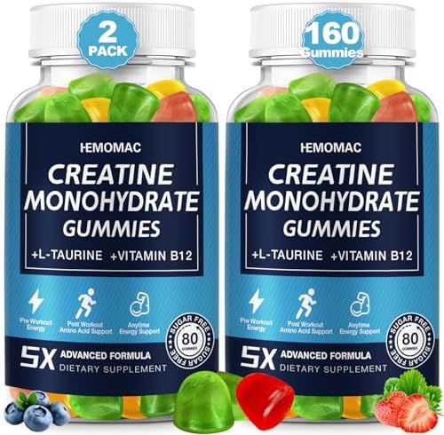 5000mg Creatine Monohydrate Gummies Form... 14 HEMOMAC Creatine Monohydrate Gummies 5g for Men & Women, 160 Count Creatine Gummies for Muscle Strength, L-Taurine, Vitamin B12, Energy Boost, Workout Supplement, 2 Pack