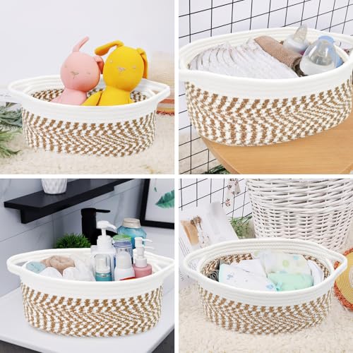 Image of ABenkle Small Basket with Handles, Boho Decorative Rope Woven Dog Cat Toy Storage Bin Shelf Storage Organizer, Easter Christmas Gift Basket, 12 inchx8 inchx5 inch